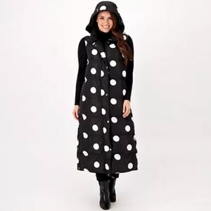 Studio Park Polka Dot Hooded Long Puffer Vest Black SZ L